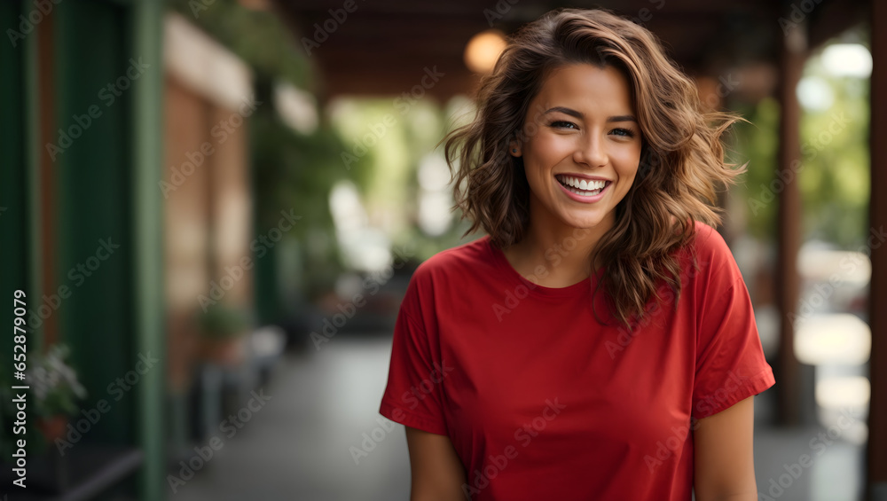 brown woman in red t-shirt smiling at camera brown woman in red t-shirt smiling at camera