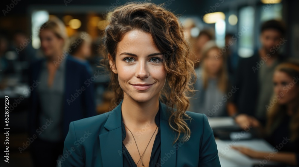 Fototapeta premium Young businesswoman's portrait against an office backdrop with busy employees.