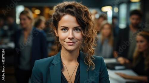 Young businesswoman's portrait against an office backdrop with busy employees.