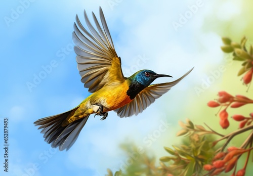 Olive backed sunbird, Yellow bellied sunbird flying in the bright sky. photo