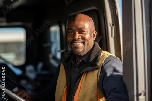 Black Man Truck Driver Professional Employment Workplace Background Generative AI © j@supervideoshop.com
