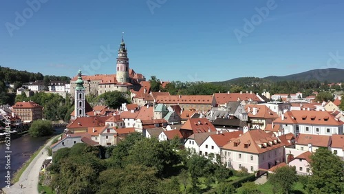 Cesky Krumlov, Czech Republic. Aerial wiew over the historical Krumlov and Vltava river. Summer. Old town. 