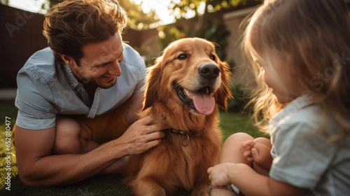 Happy family and their dog outdoors in the summer