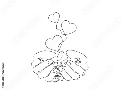 Single continuous line of hands holding hearts on a white background. Black thin line of the hands with  hearts.