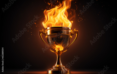 Gold trophy on fire, Flaming triumph, Winner trophy ignited with victory against a blurred Background. 