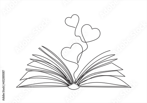 Open book and heart, continuous line vector illustration. one line vector drawing of a book and a hearts, concept of love of reading. Black and white hand drawn image.