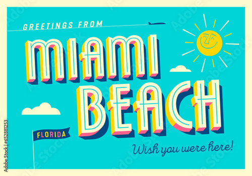 Greetings from Miami Beach, Florida, USA - Wish you were here! - Touristic Postcard. Vector Illustration.