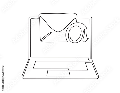 Laptop and envelope e mail list building illustration continuous one line art illustration. Can used for logo, emblem, slide show and banner.