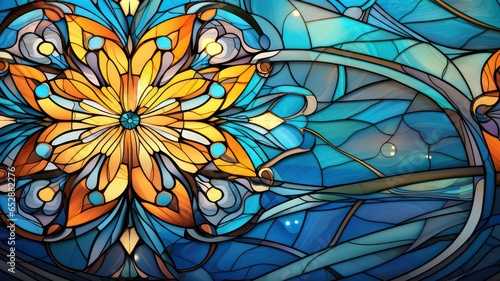 Yellow blue floral stained glass background created with Generative AI