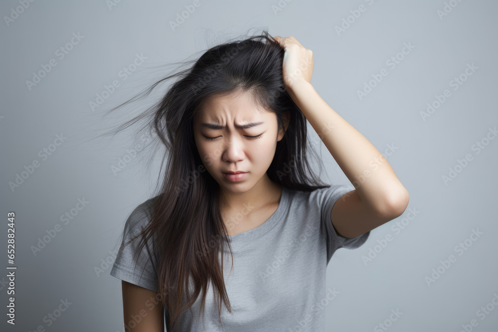 asian girl suffering from headache on gray background asian girl suffering from headache on gray background