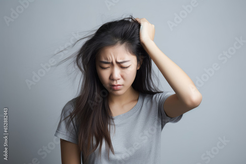 asian girl suffering from headache on gray background