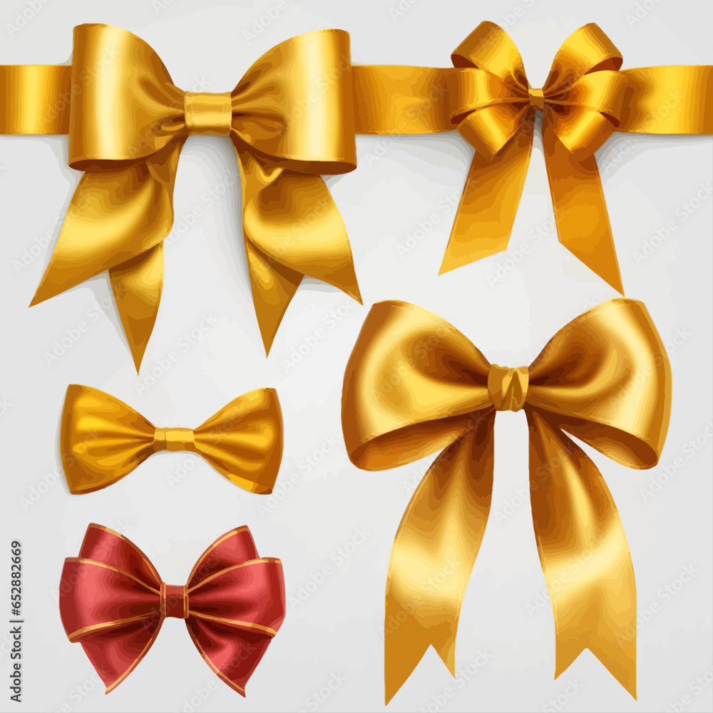 Yellow ribbons satin bows for xmas gifts, present cards and luxury wrap set on white background Vector illustration in flat style. Yellow ribbons satin bows for xmas gifts, present cards and luxury wrap set on white background Vector illustration in flat style.