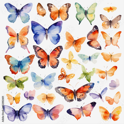 Watercolor colors butterflies on white background Vector illustration in flat style.