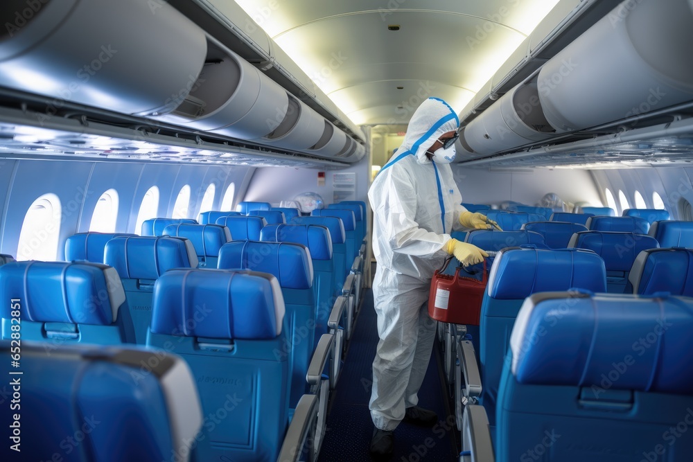 disinfection of the cabin of a passenger plane to prevent the spread of the coronavirus disinfection of the cabin of a passenger plane to prevent the spread of the coronavirus