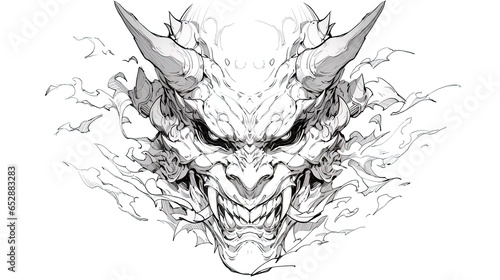 Demon mask, tattoo japanese culture. Mask oni on a white background. Art. Print