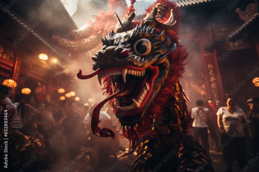 Vibrant Asian dragon weaving through a crowd, bringing tradition and festivity to life.