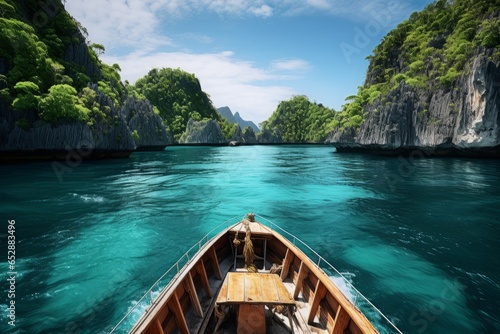 Graceful tourist boat smoothly navigating the turquoise waters, weaving through a picturesque tropical island archipelago, promising adventure and serenity.