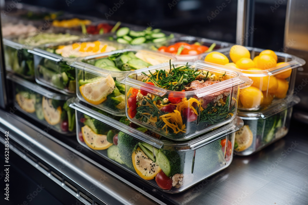 Prepared food for healthy nutrition in lunch boxes. Catering service for balanced diet. Takeaway food delivery in restaurant. Containers with everyday meals - obrazy, fototapety, plakaty 