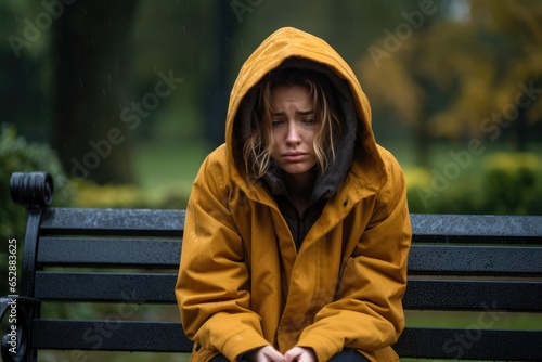 Sad Lonely Woman in Yellow Raincoat Sitting on a Bench in an Autumn Park