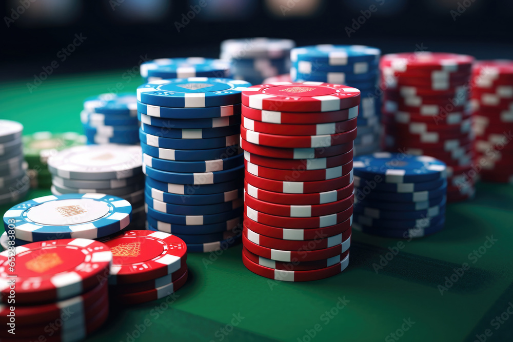 Poker chips on green felt. Gambling addiction. People entertainment concept
