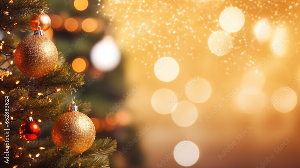 Creative Christmas and New Year banner with copy space. Festive composition with decorated Christmas tree on blurred background