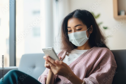 woman in medical mask holds phone. sitting on sofa or couch. concept of isolation during coronavirus pandemic photo