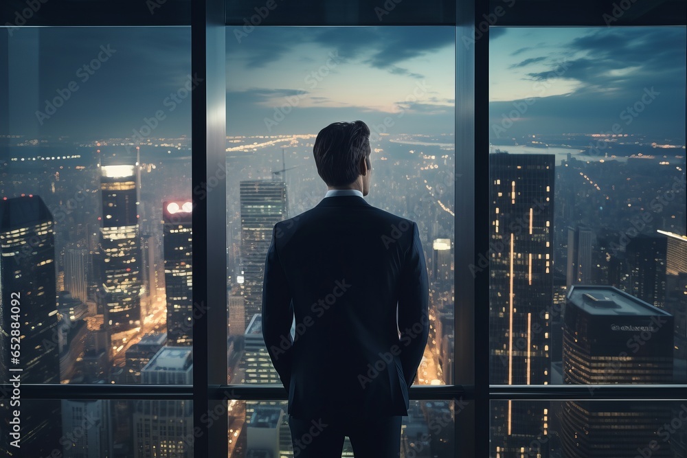 Contemplative businessman, standing tall and gazing at the sprawling cityscape, drawing inspiration from the view beyond the skyscraper window.