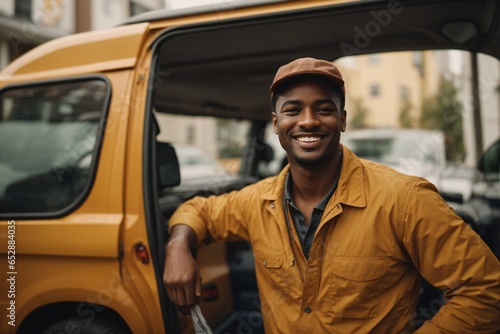 Portrait of a Smiling delivery man standing in front of his van © Asfand