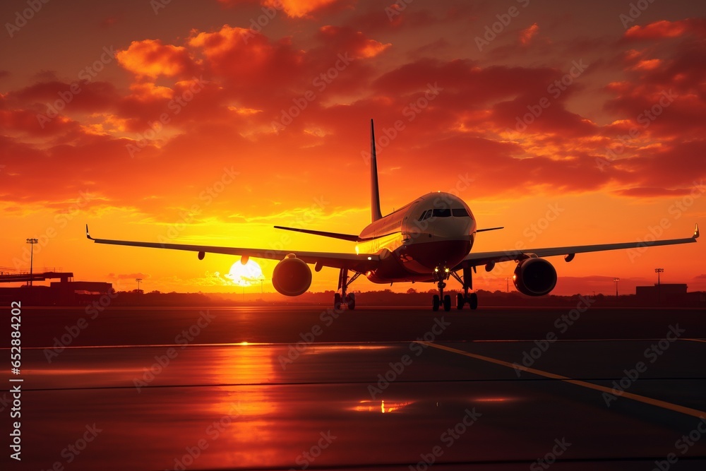 Fototapeta premium Elegant airplane silhouette gracefully cutting through the vast expanse, brilliantly framed against a fiery sunset sky.