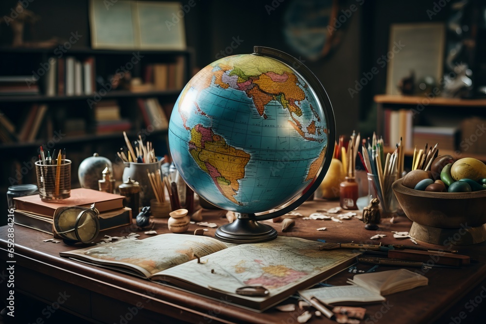 On a teacher's desk, a detailed globe stands next to geography tools and materials, sparking wanderlust and learning. - obrazy, fototapety, plakaty 