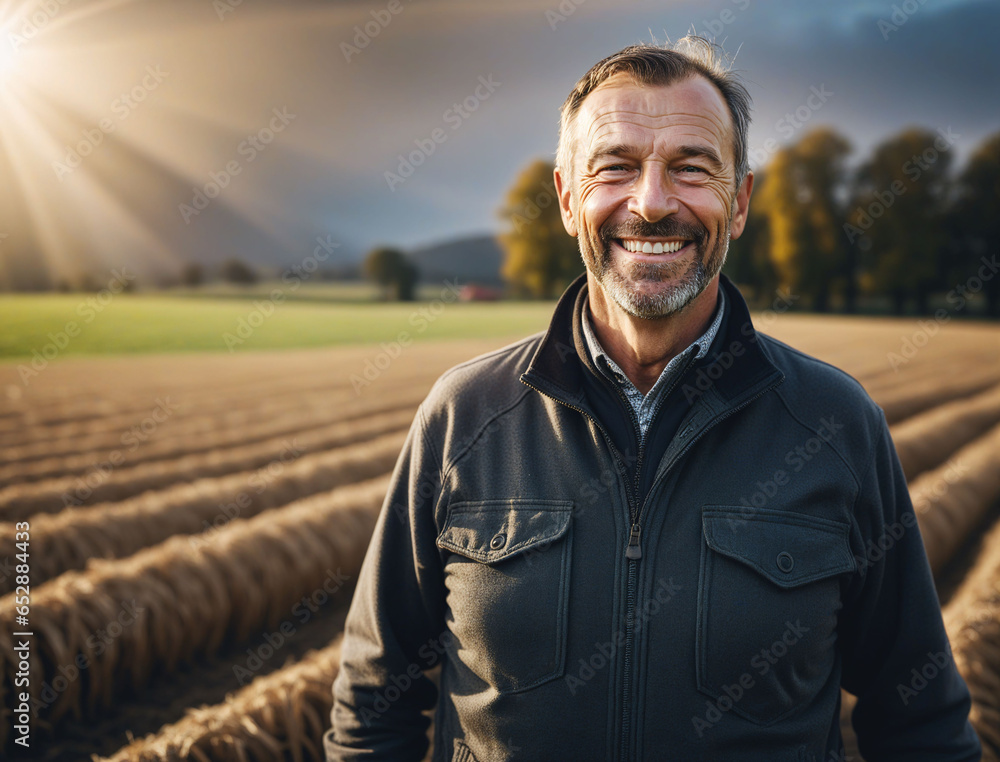 full body shot of a smiling middle aged caucasian farmer on his farm field