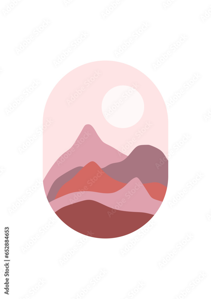 Abstract Mountain Aesthetic Backgrounds Landscapes. Desert abstract bohemian. Modern background flat design, contemporary boho sun moon mountains and cactus minimalist wall decor. Vector art print Abstract Mountain Aesthetic Backgrounds Landscapes. Desert abstract bohemian. Modern background flat design, contemporary boho sun moon mountains and cactus minimalist wall decor. Vector art print