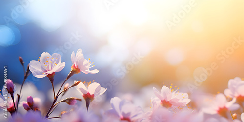 beautiful and delicate nature in sunshine at the edge of blurred spring background  floral springtime concept banner in light white and colour with copy space