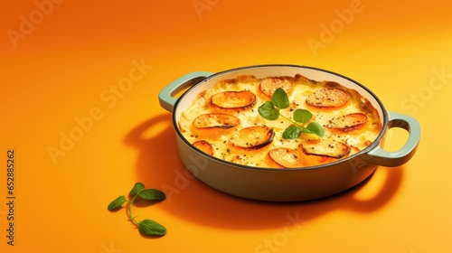 delicious sweet potato gratin on orange background (Generative AI)