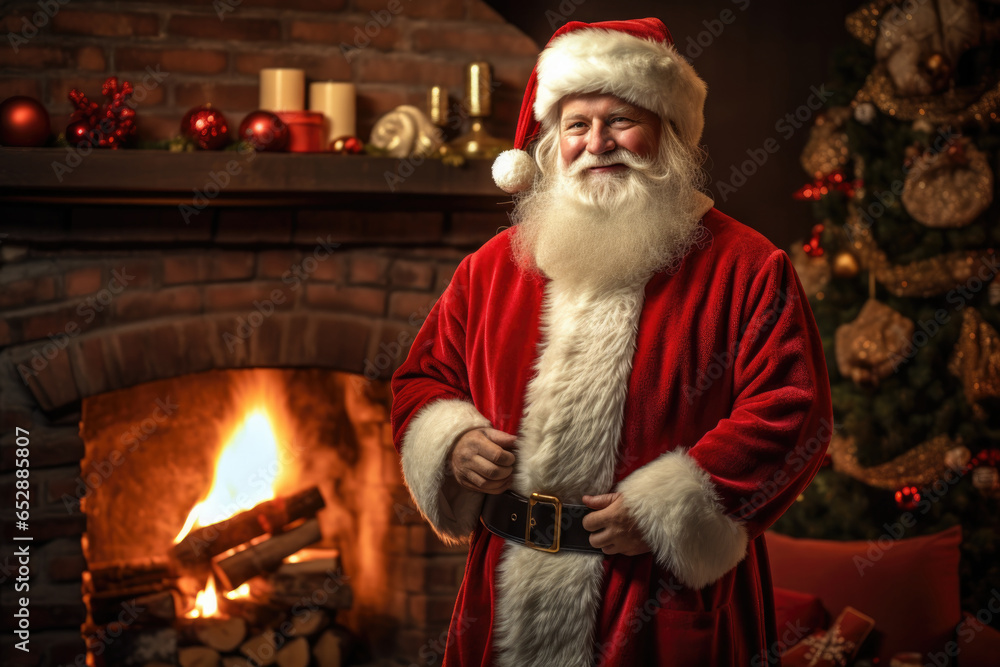 Traditional Santa Claus standing by the fireplace and Christmas tree in a room. Traditional Santa Claus standing by the fireplace and Christmas tree in a room.