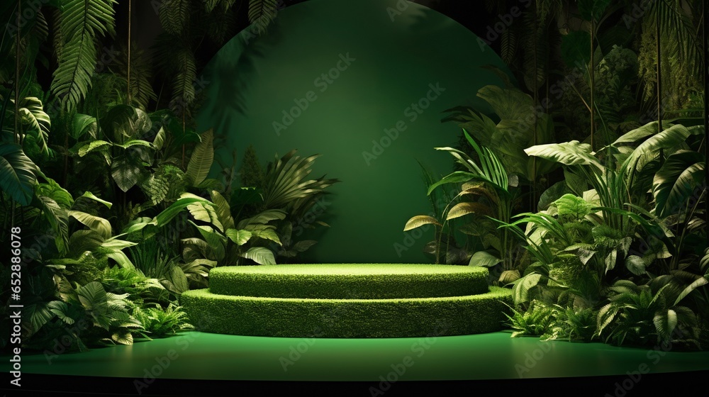 Product presentation with a wooden podium set amidst a lush tropical forest, enhanced by a vibrant green backdrop Product presentation with a wooden podium set amidst a lush tropical forest, enhanced by a vibrant green backdrop