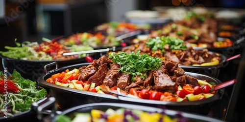 Catering buffet food indoor in restaurant with grilled meat. Buffet service for any festive event, party or wedding reception.