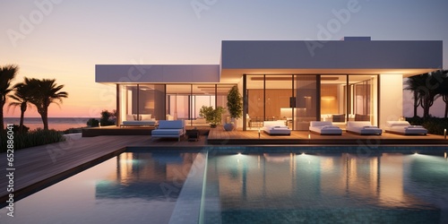 Modern villa with pool and garden in beautiful sunset, peaceful luxury life concept with copy space. © JW Studio