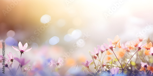 beautiful and delicate nature in sunshine at the edge of blurred spring background, floral springtime concept banner in light white and colour with copy space © sam