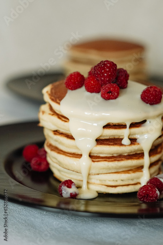 Pancakes with raspberries and jam