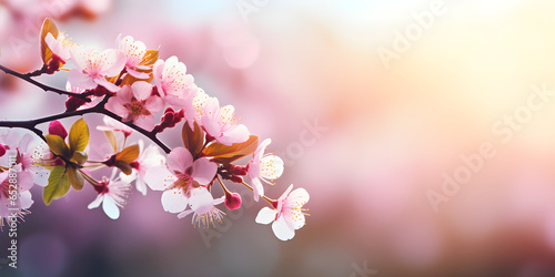 beautiful and delicate nature in sunshine at the edge of blurred spring background, floral springtime concept banner in light white and colour with copy space