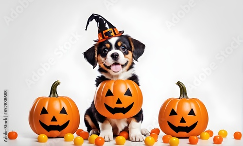 A cute Puppy celebrates Halloween with pumpkin candy (JPG 300Dpi 12000x7200)