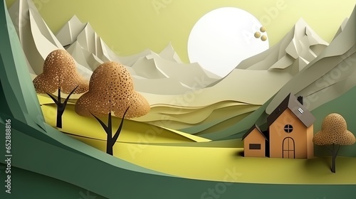 3d paper cut forest landscape mountain paper cut style natural landscape scene illustration