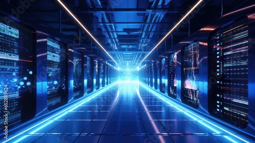 Shot of Corridor in Working Data Center Full of Rack Servers and Supercomputers with Internet connection Visualization Projection, technology, digital, futuristic, future,