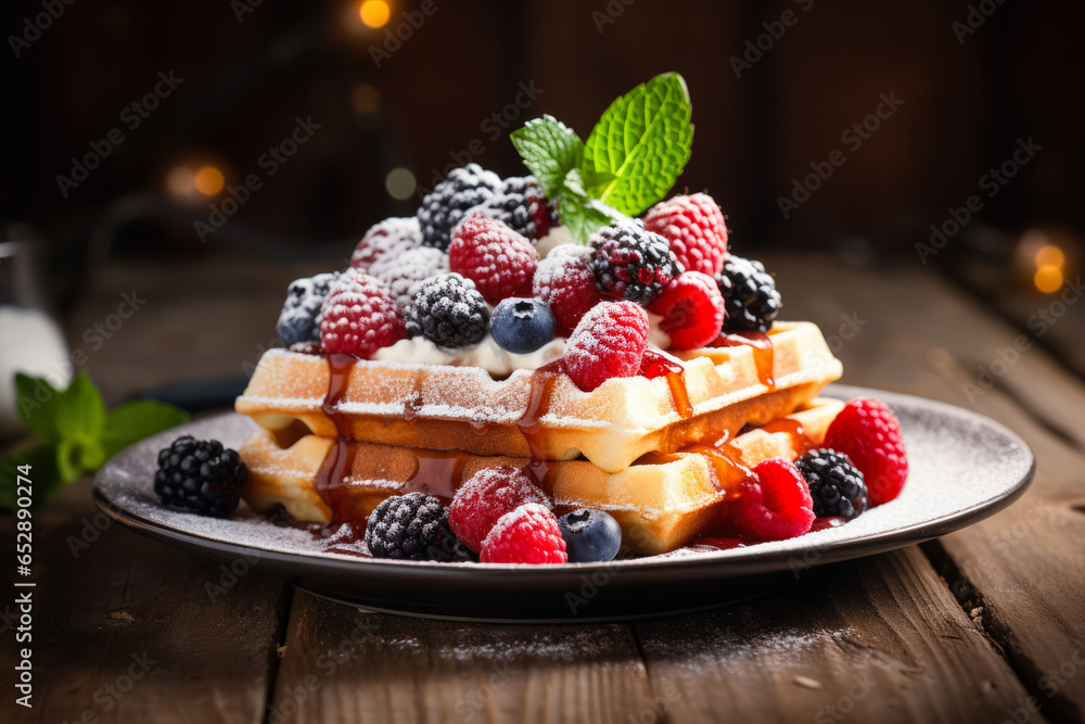 Indulgent Belgian waffles berries cream and powdered sugar on vintage wooden table Indulgent Belgian waffles berries cream and powdered sugar on vintage wooden table