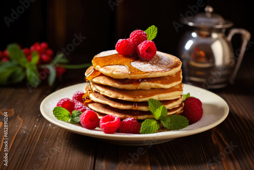 Inviting stack of pancakes adorned with syrup and berries on rustic table 
