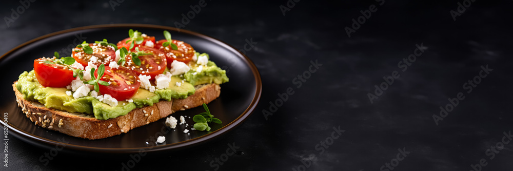 Fresh avocado toast with feta and cherry tomatoes on a ceramic plate Fresh avocado toast with feta and cherry tomatoes on a ceramic plate