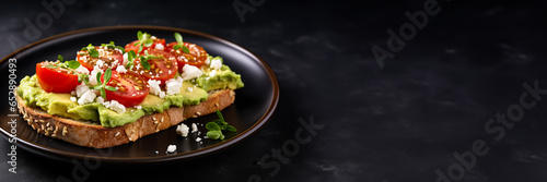 Fresh avocado toast with feta and cherry tomatoes on a ceramic plate 