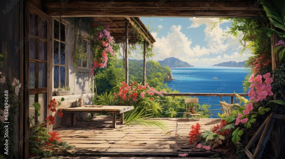 A painting of a porch with flowers and a bench