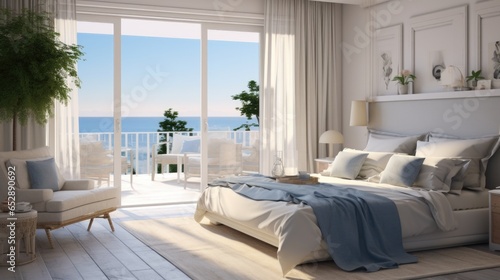 A bedroom with a large bed and a balcony overlooking the ocean © Maria Starus